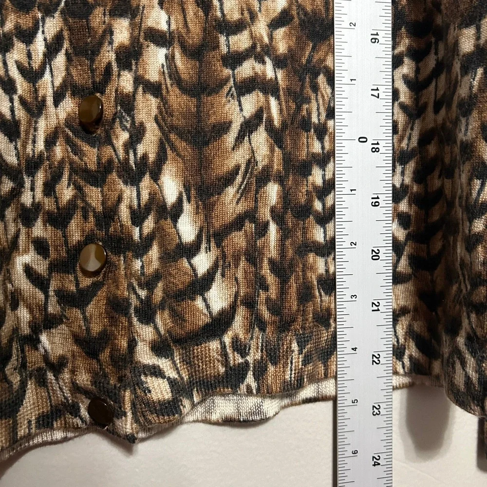 Talbots Cardigan Womens MP Brown Feather Print Pure Merino Wool Petite Earthy